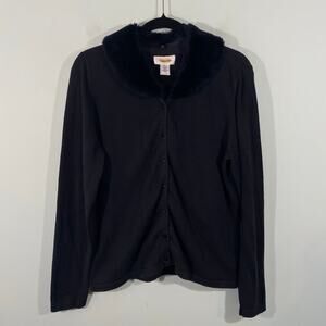 Talbots Women Black Faux Fur Collar Silk & Cashmere Button Up Cardigan Size LP